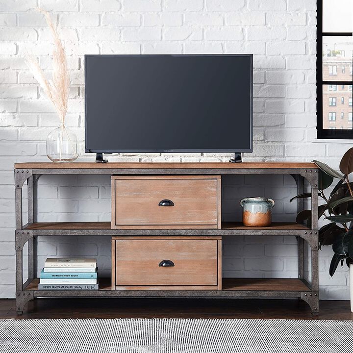 Gorden TV Stand in Weathered Oak & Silver