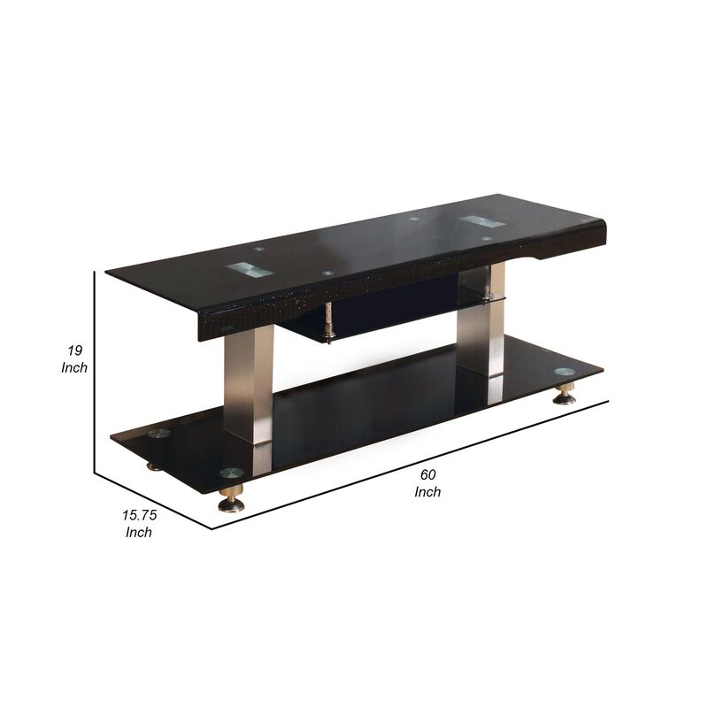 60 Inch TV Entertainment Console, Long Glass Media Shelf, Chrome Accents - Benzara