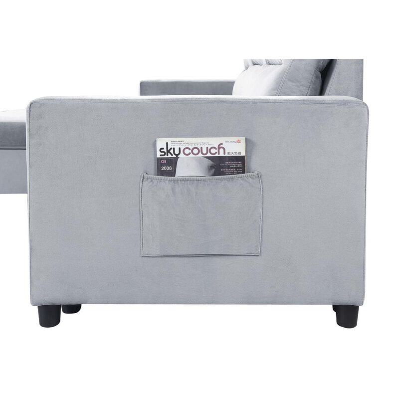 Lilola Home Ruby Light Gray Velvet Reversible Sleeper Sectional Sofa with Storage Chaise and Side Pocket