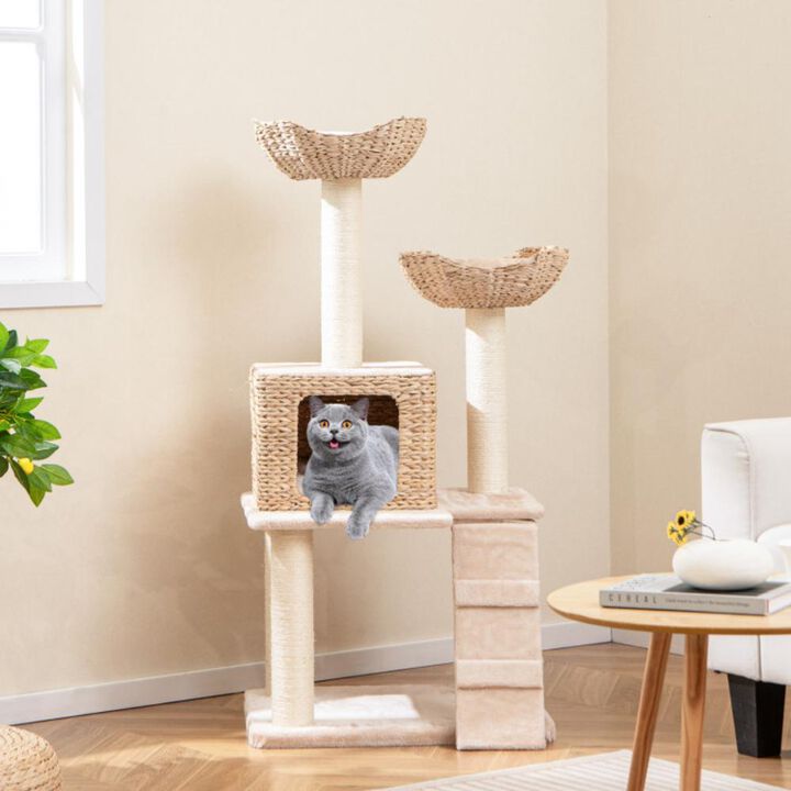 Hivvago 48 Inch Cattail Cat Tower with Sisal Scratching Posts Perch and Condo