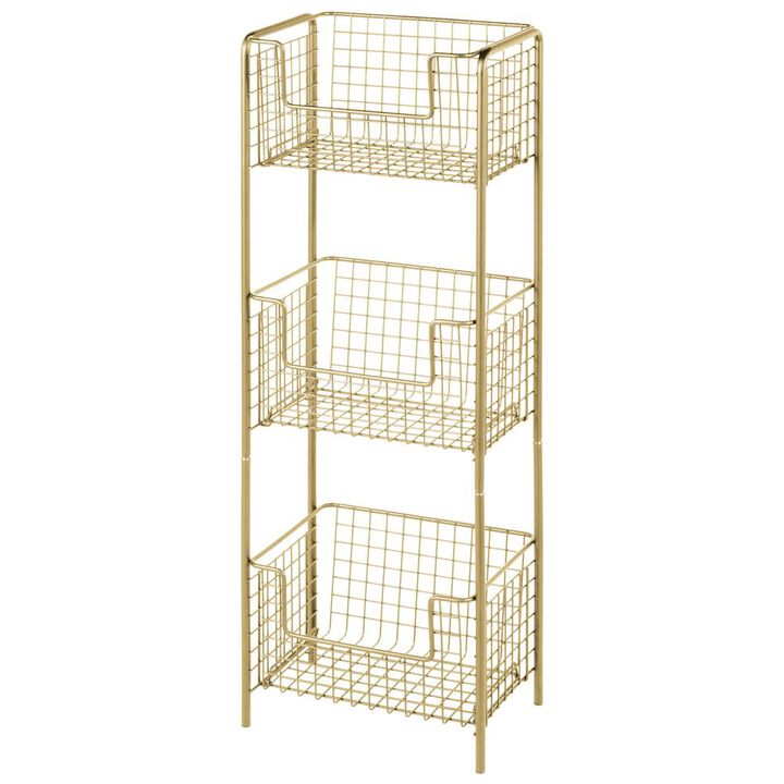 mDesign Steel Freestanding 3-Tier Kitchen Organizer Tower with Baskets -Cream