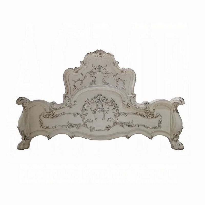 Ally King Bed, Decorative Carved Accent Inlay, Bone White Wood, Silver - Benzara