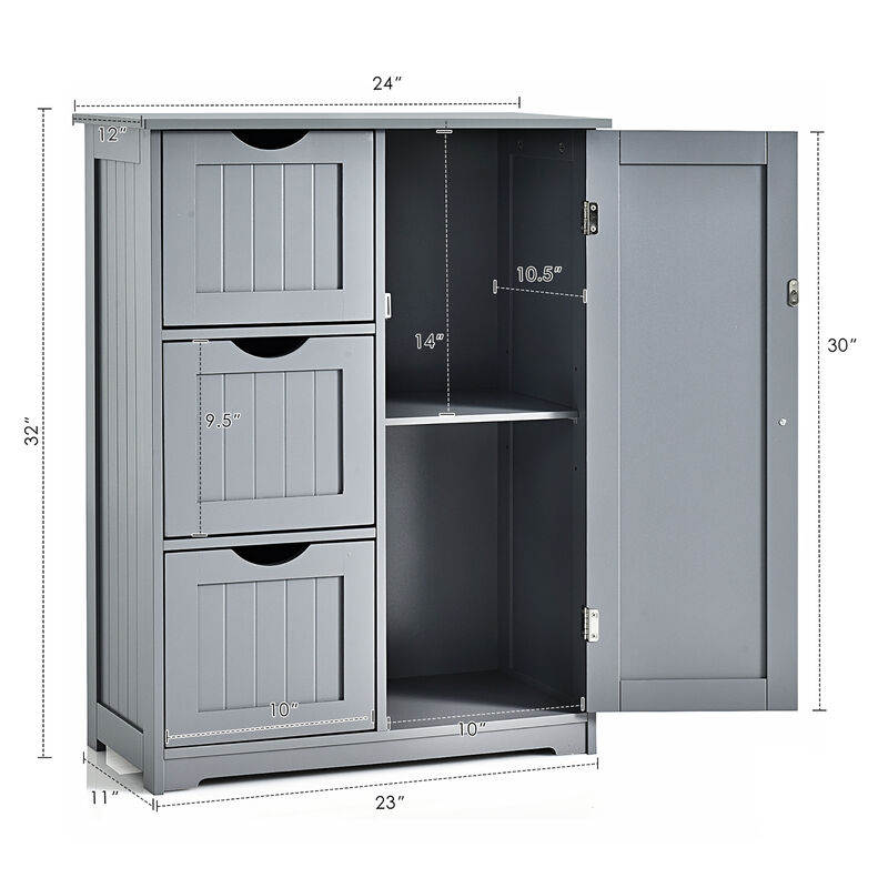 Costway Bathroom Floor Cabinet Side Storage Cabinet with 3 Drawers and 1 Cupboard Grey