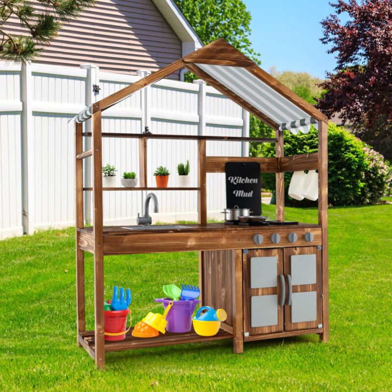 Hivvago Kid's Mud Kitchen Outdoor Solid Wood Mud Kitchen with Canopy