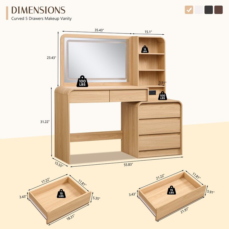 50" Vanity Desk with 35.4" LED Mirror, 3 Lights, 5 Drawers & Charging Station image number 1