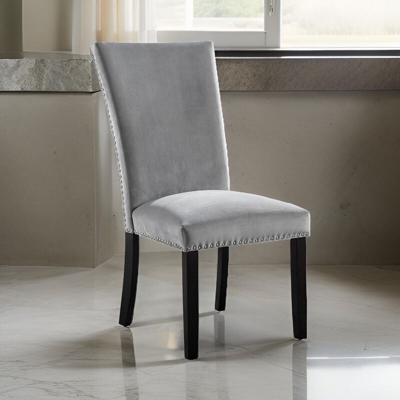 28 Inch Dining Side Chair Set of 2, Padded Gray Flannelette, Black Wood - Benzara