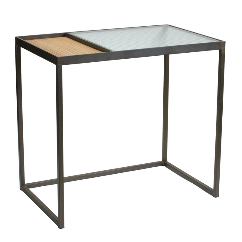 Set of 2 Side Tables with Iron Frame, Wicker Detailing, and Glass Top