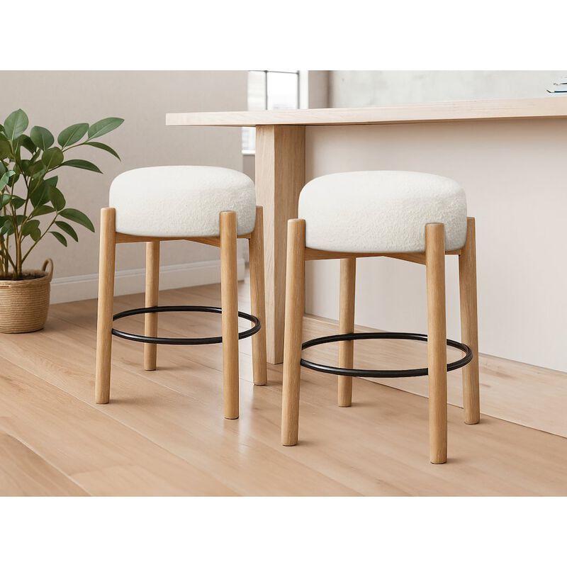 Natalia Counter Stool in Ivory Boucle Fabric 2-Piece Set