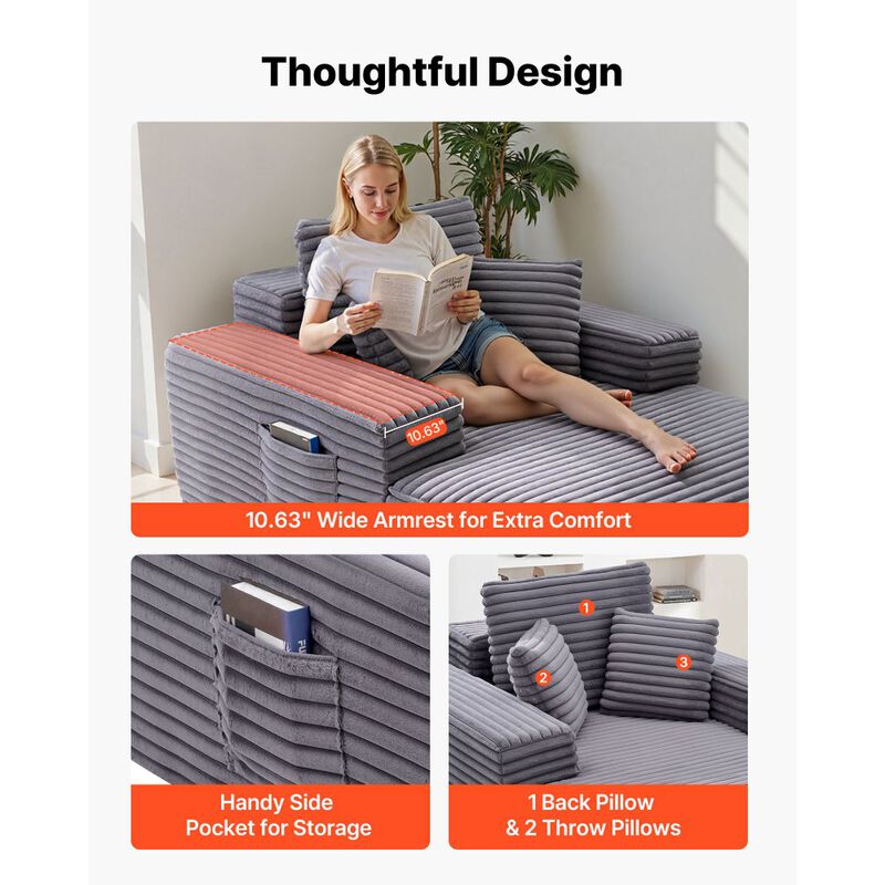 Indoor Chaise Lounge Chair, Modern Deep Seat Sofa with Armrests & Throw Pillows image number 3