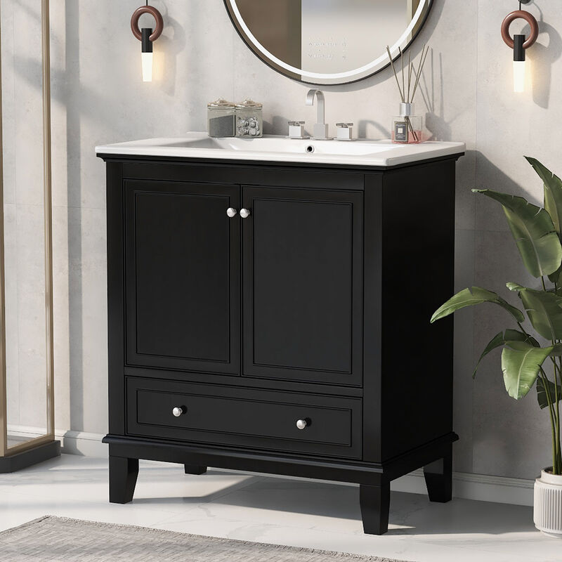 Whisen 30" Bathroom Storage Cabinet Bathroom Vanity with Ceramic Sink and Adjustable Shelf