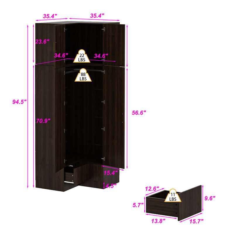 FUFU&GAGA PB Board Corner Storage Cabinet with 2 Drawers & Gold Handles, Space-Saving Design, Dark Brown Finish (35.4 in. W x 35.4 in. D x 94.5 in. H)