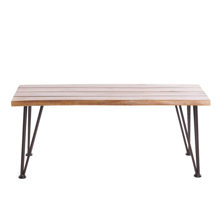 Zoe Outdoor Coffee Table, Hairpin Legs, 43in Brown Slatted Acacia Wood - Benzara