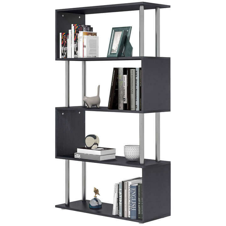 HomCom Modern S-Shaped 5 Tier Room Dividing Bookcase Wooden Storage Display Stand Shelf - Black