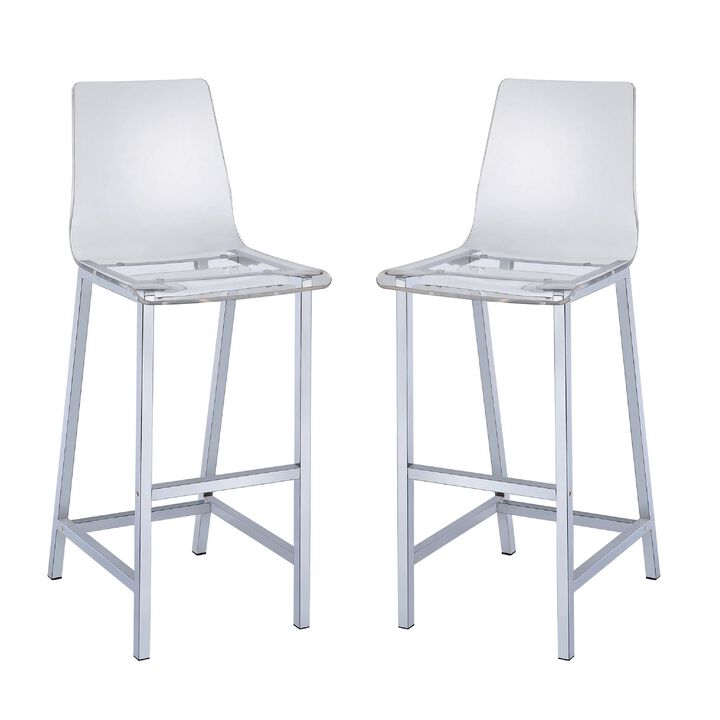 Elegant Acrylic Bar Height Stool with Chrome Base, Clear And Silver, Set of 2