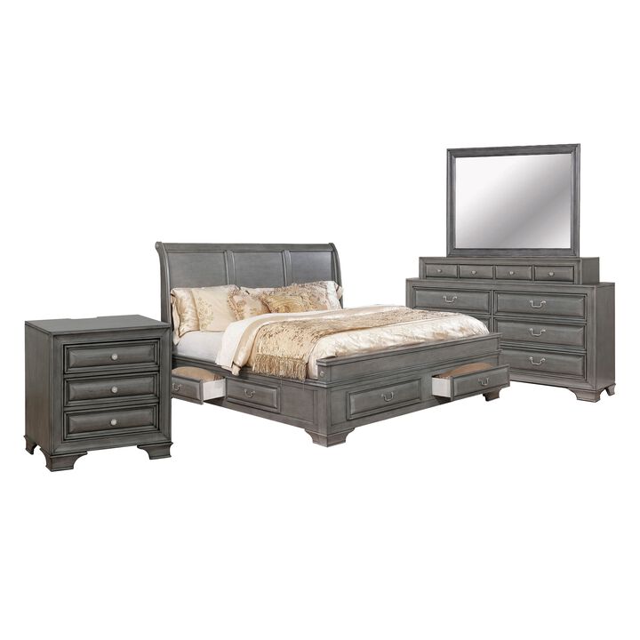Lio Four Piece Queen Size Bedroom Set, Gray Wood Inlay Design, Nickel Metal Handles - Benzara