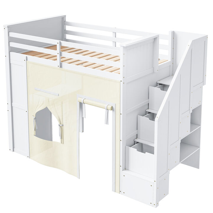 Merax Twin Size White Loft Bed with Desk, Storage Staircase, Drawers & Blackout Curtain