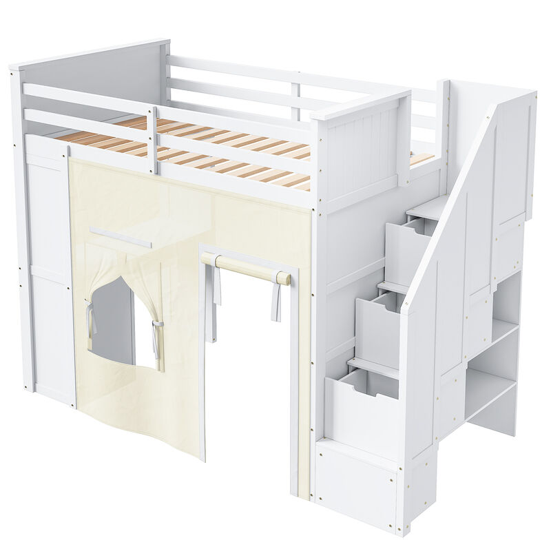 Merax Twin Size White Loft Bed with Desk, Storage Staircase, Drawers & Blackout Curtain image number 0