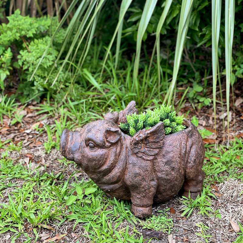 Flying Pig Planter 17" Brown, With Drain Hole, Rustic Indoor Outdoor Decor image number 9
