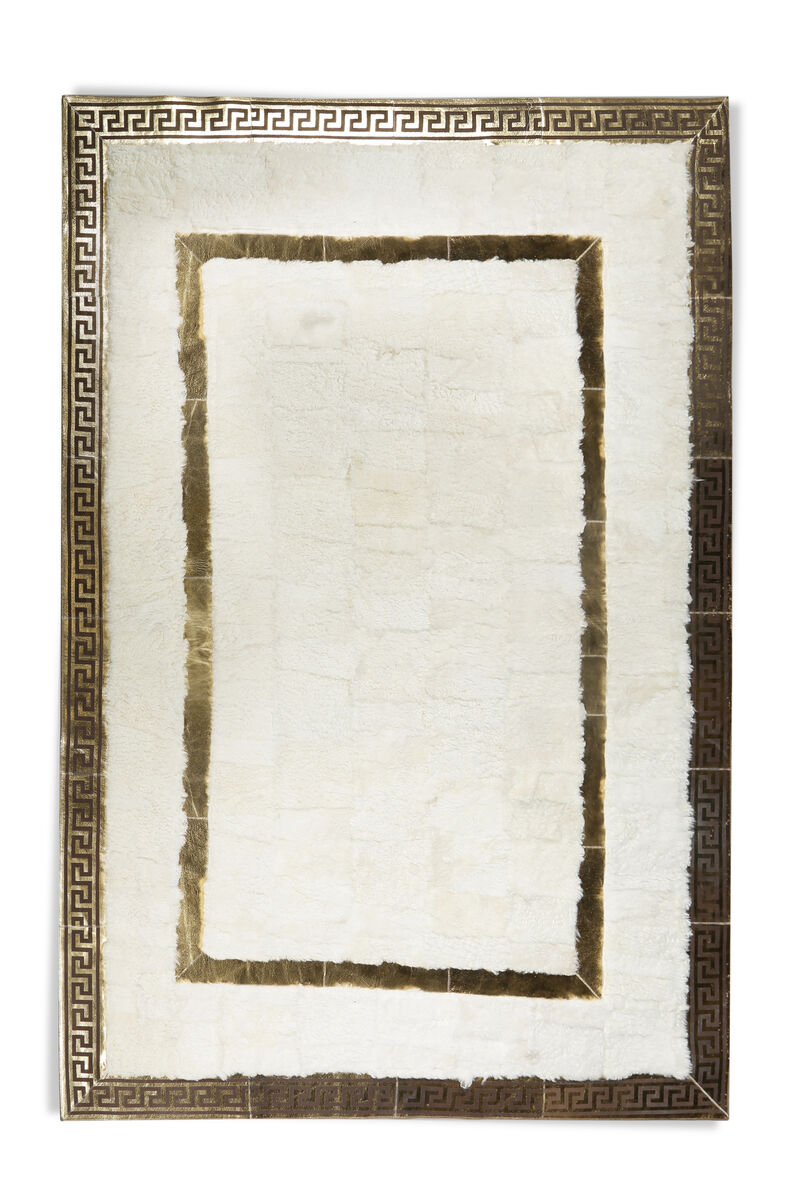 White Tuscan Fur Area Rug with Gold Border Handmade Genuine Luxury Fur Carpet, Custom Size Elegant Living Room Rug, Modern Designer Style image number 0