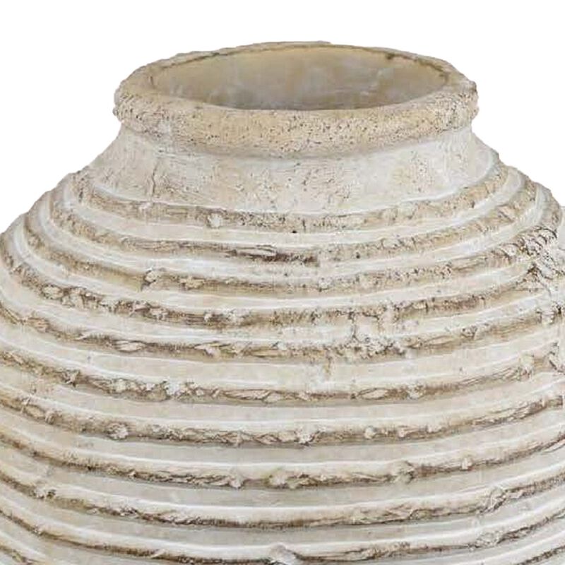 Lezlee Accent Planter, Beige Terracotta, Ridged Textured Urn, 13 Inch - Benzara