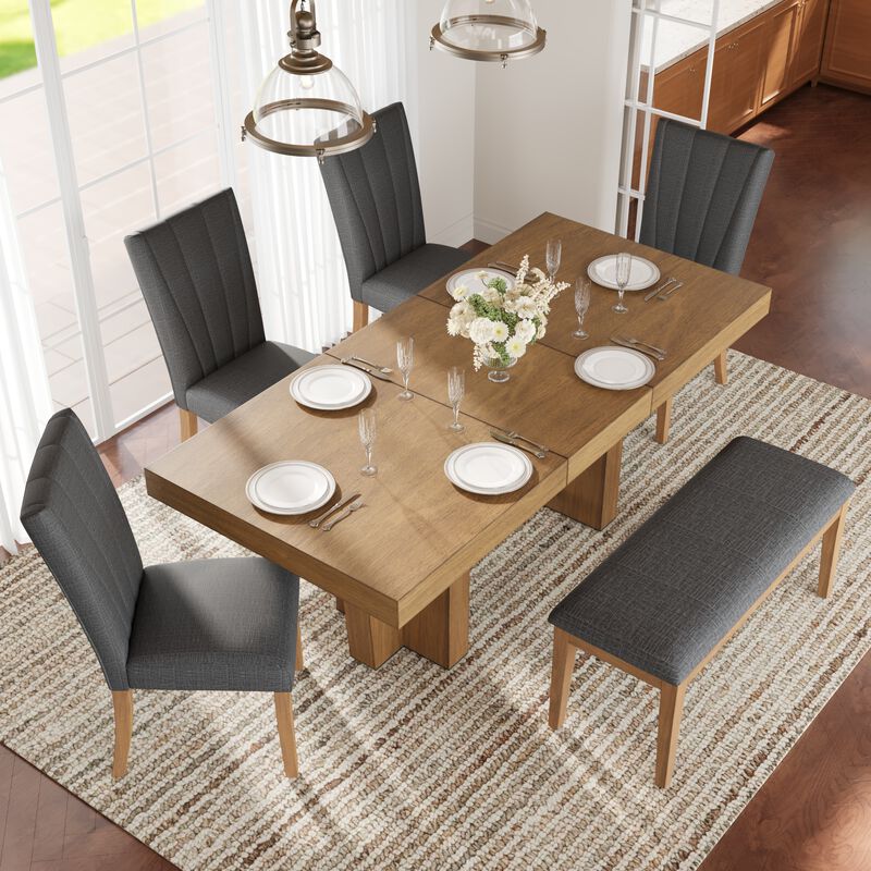 Merax Solid Wood Extendable Dining Table Set with 4 Cushioned Chairs & Bench image number 2