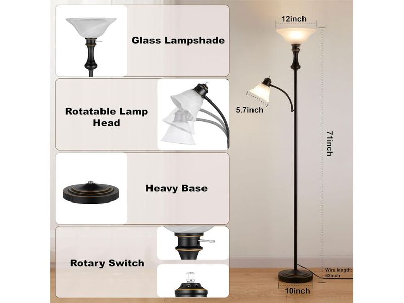 71 Inch Floor Lamp Black Adjustable Arc Reading Light with Glass Shade for Room image number 2