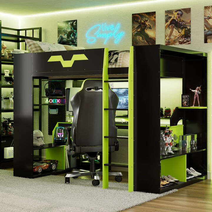 Merax Full Size Gaming Loft Bed with RGB LED, Power Hub, Work Desk & Multi-Tier Storage