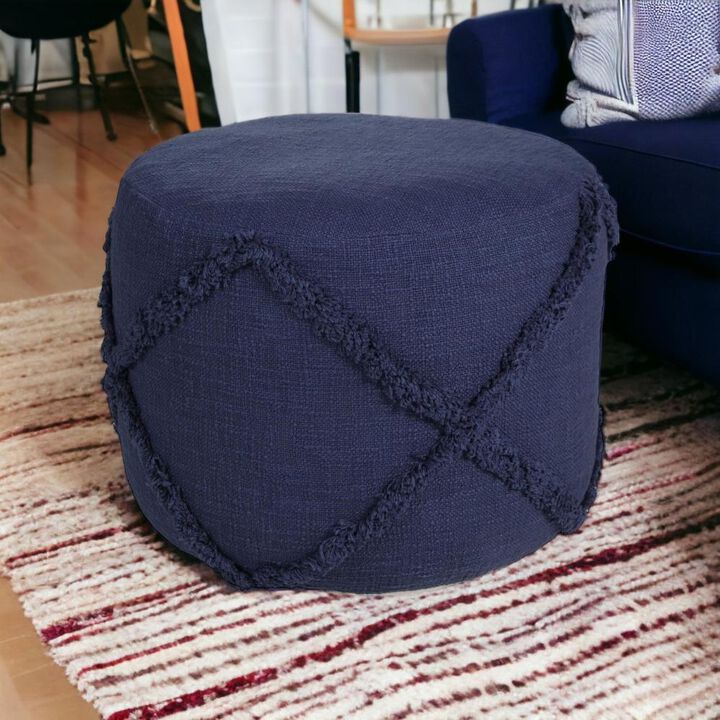 Hivvago 18 Inch Blue Cotton Cylinder Geometric Pouf Ottoman