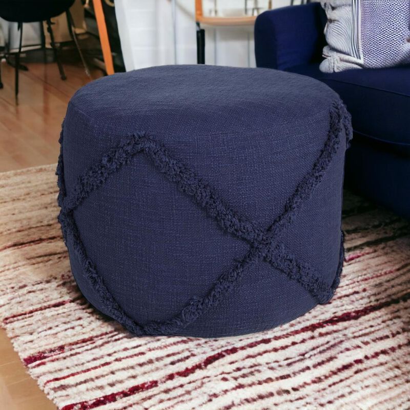 Hivvago 18 Inch Blue Cotton Cylinder Geometric Pouf Ottoman