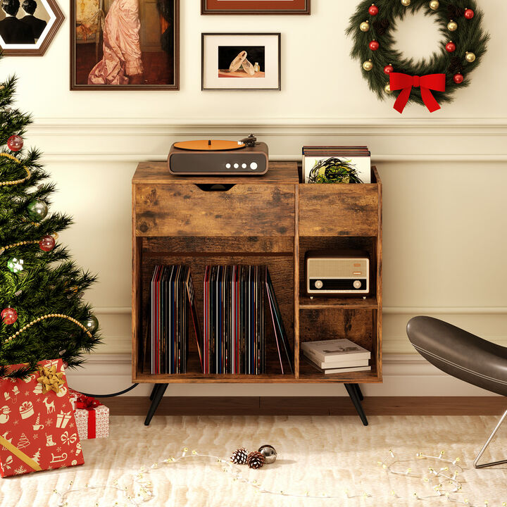Record Player Console Stand with Power Strip and Storage Space