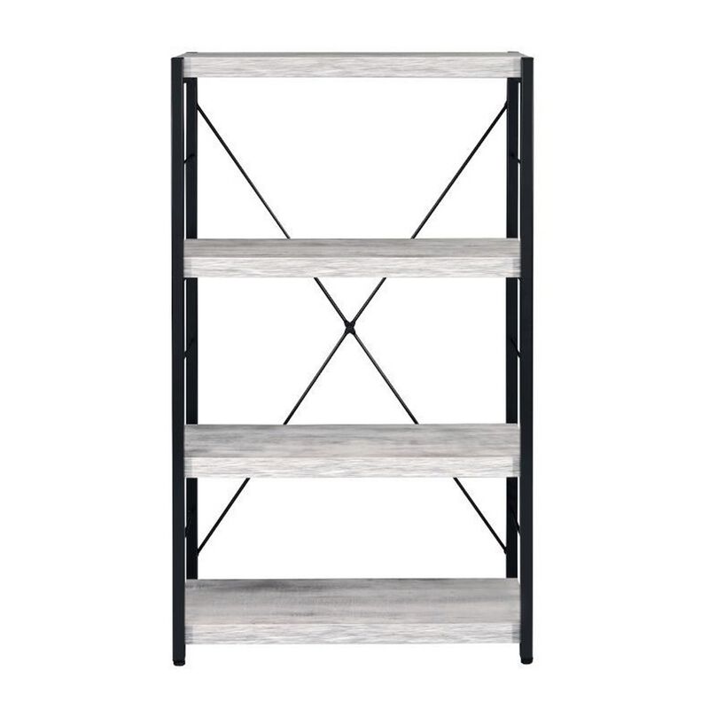 Industrial Bookshelf with 4 Shelves and Open Metal Frame, White and Black-Benzara
