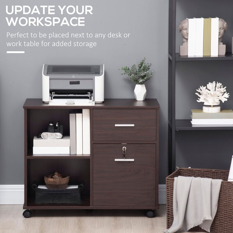 Walnut Mobile Storage: Lateral File Cabinet with Wheels & Open Shelves image number 3