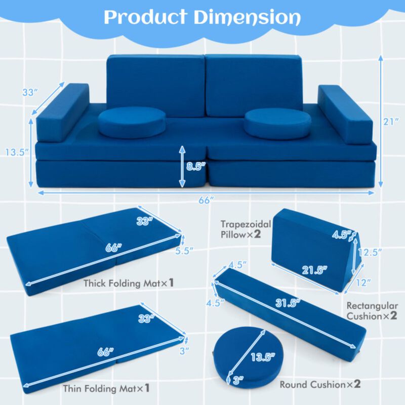 Hivvago 6 Pieces Convertible Kids Play Couch Set with Zipper