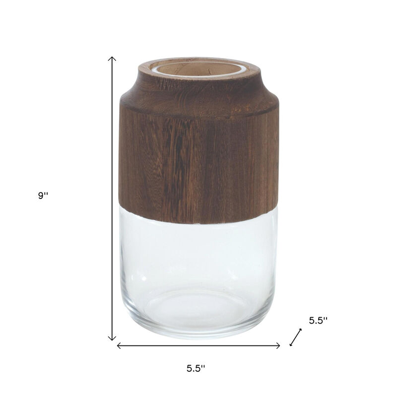 HomeRoots 9" Brown And Clear Glass Round Table Vase With Wood image number 4