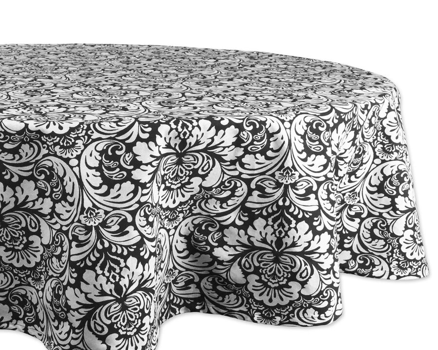 70" Charcoal Black and Gray Floral Damask Pattern Round Table Cloth