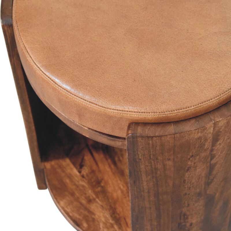 Artisan Furniture Solid Wood Savoy Leather Stool, 1 Open Shelf, Brown image number 5