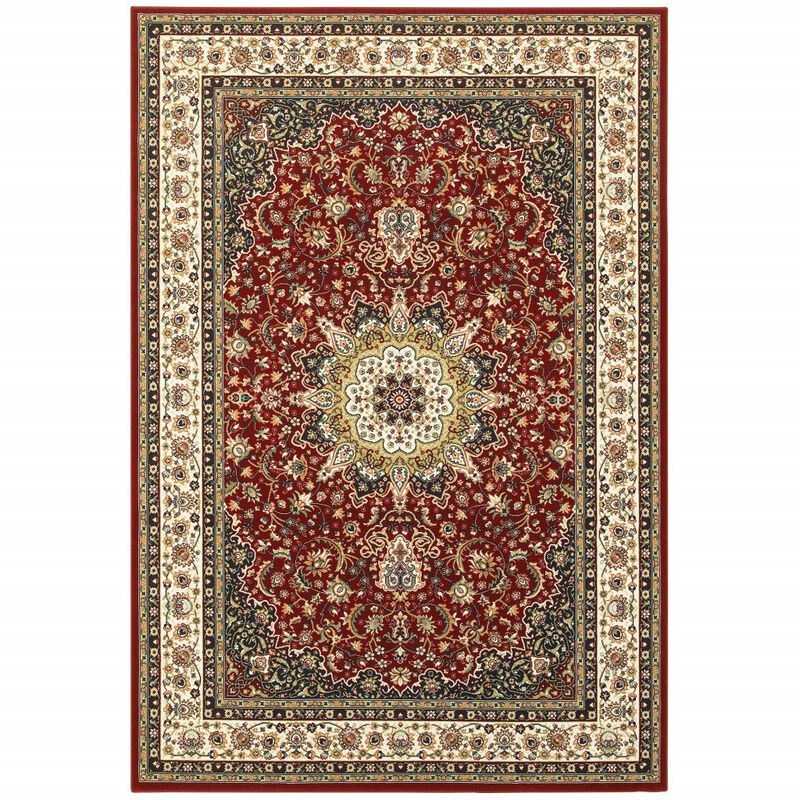 7' X 10' Red Ivory Machine Woven Oriental Indoor Area Rug