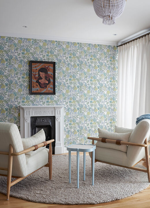 Goldfinch Aqua Birds and Blooms Wallpaper
