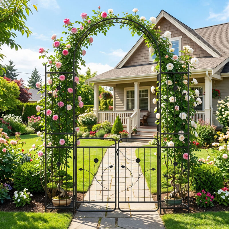 Garden Arch Trellis with Gate and Planter Shelves for Backyard-Black image number 7