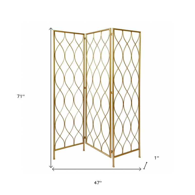 HomeRoots 71" Gold Iron Folding Three Panel Screen Room Divider image number 3