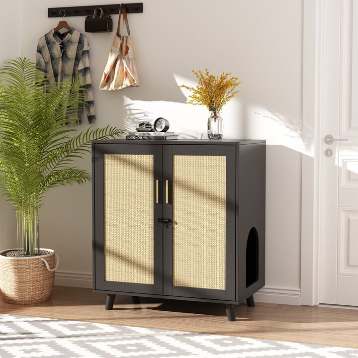 Modern Cat Litter Box Enclosure for Rooms, Black Hidden Litter Box Furniture Cat Washroom Storage with Lock Sisal Door