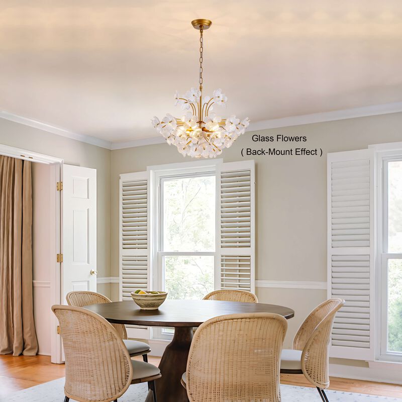 Rosa Modern 6-Light 22.4" Glam Ribbed Glass Flower Chandelier - Low-gloss Brushed Brass Finish image number 5