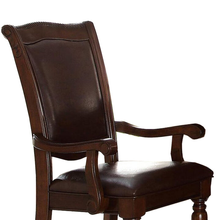Traditional Style Wood & Leather Dining Side Arm Chair, Brown & Dark Brown, Set of 2-Benzara