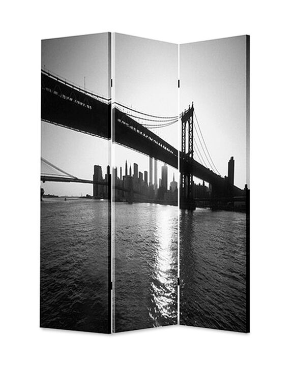 3 Panel Foldable Screen with New York Skyline Print, Black and White-Benzara