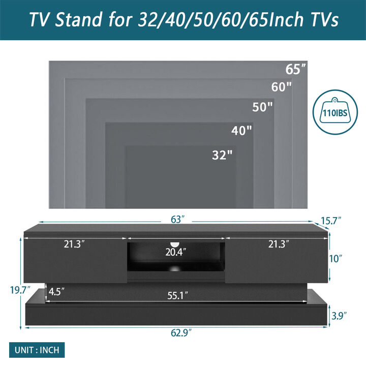 63 inch BLACK Modern TV Stand with LED Lights, high glossy front TV Cabinet, can be assembled in Lounge Room, Living Room or Bedroom, color:BLACK