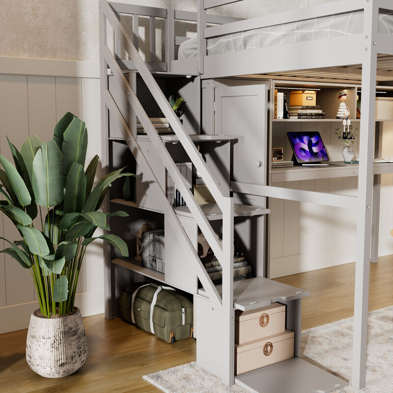 Whisen Full Loft Bed with Wardrobe Desk Shelves, Solid Wood Space-Saving for Bedroom Kids image number 4