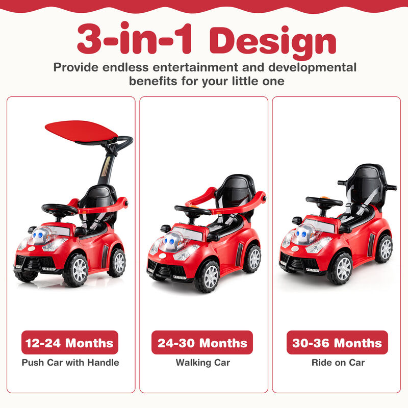 3-in-1 Toddler Ride-On Push Car with Canopy, Seat Belt and Footrest image number 5