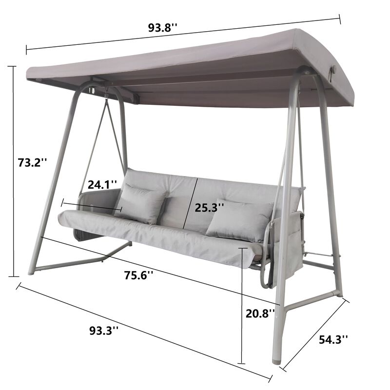 Whisen 93.8 in. W 3-Person Metal Patio Swing Chair Swing Bed with Cushion and Adjustable Canopy - Grey