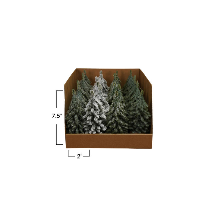 24-Piece Faux Tall Evergreen Trees with Natural Wood Slice Base, Snow Finish