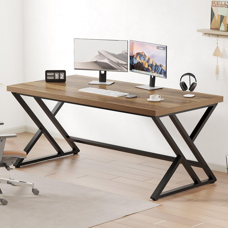 Top True Wood Computer Desk, Modern Writing Desk with Metal Legs for Home Office image number 1